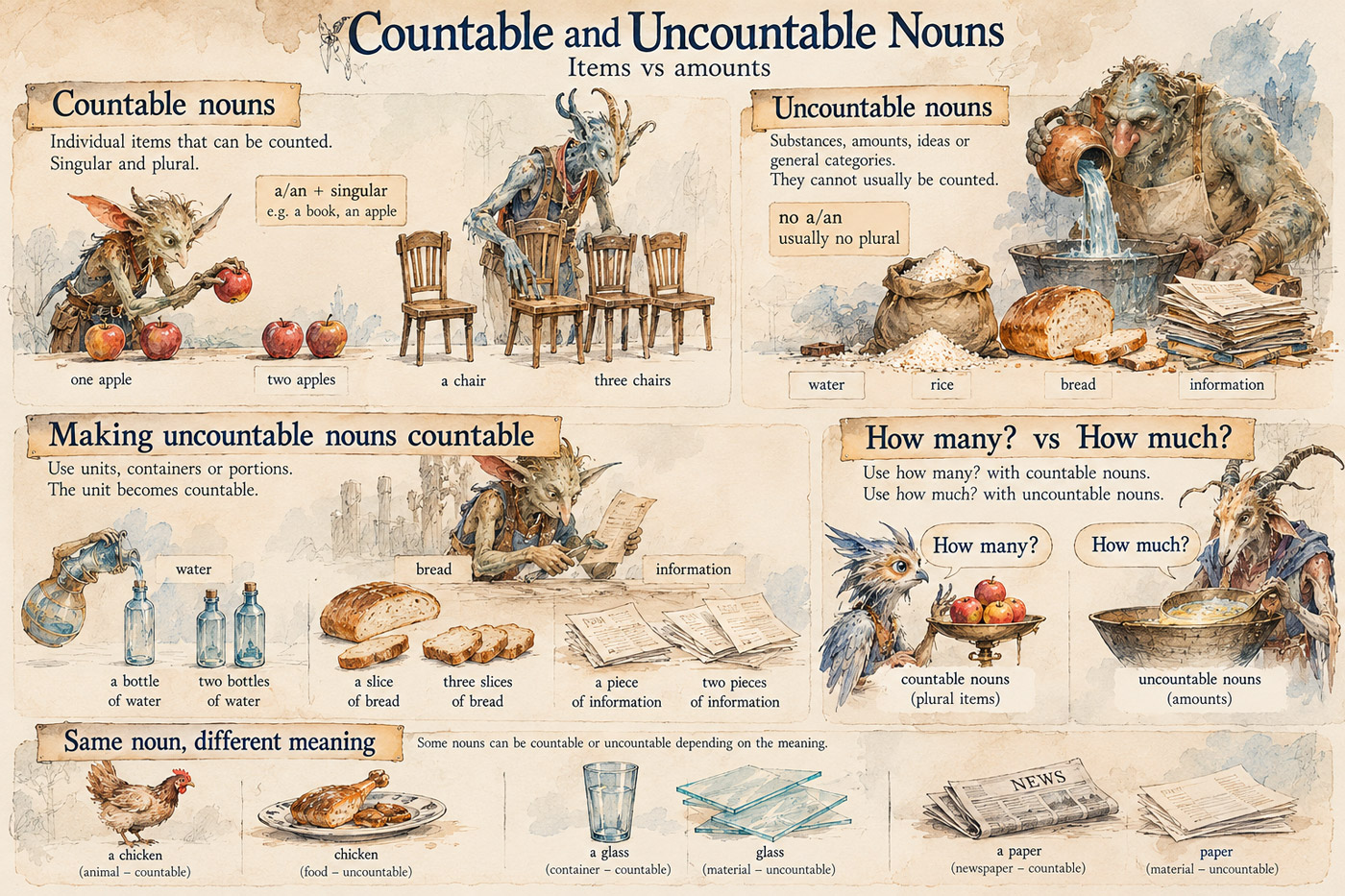 Countable and uncountable nouns: items, amounts and units