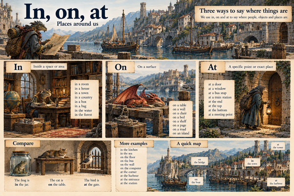 Illustration showing the prepositions in, on and at