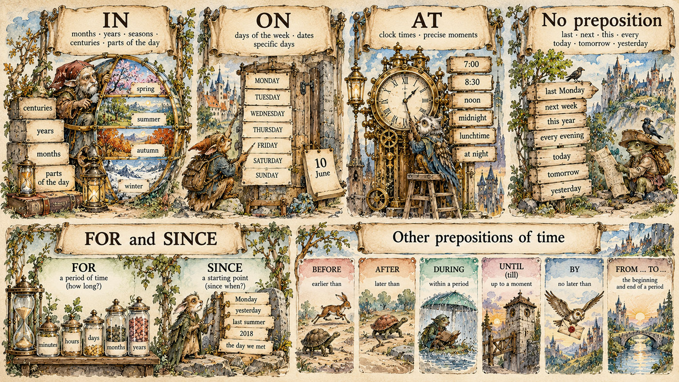 Visual guide to the prepositions in, on and at for time