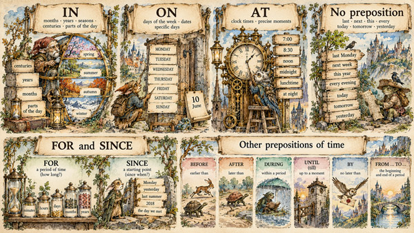 Visual guide to the prepositions in, on and at for time