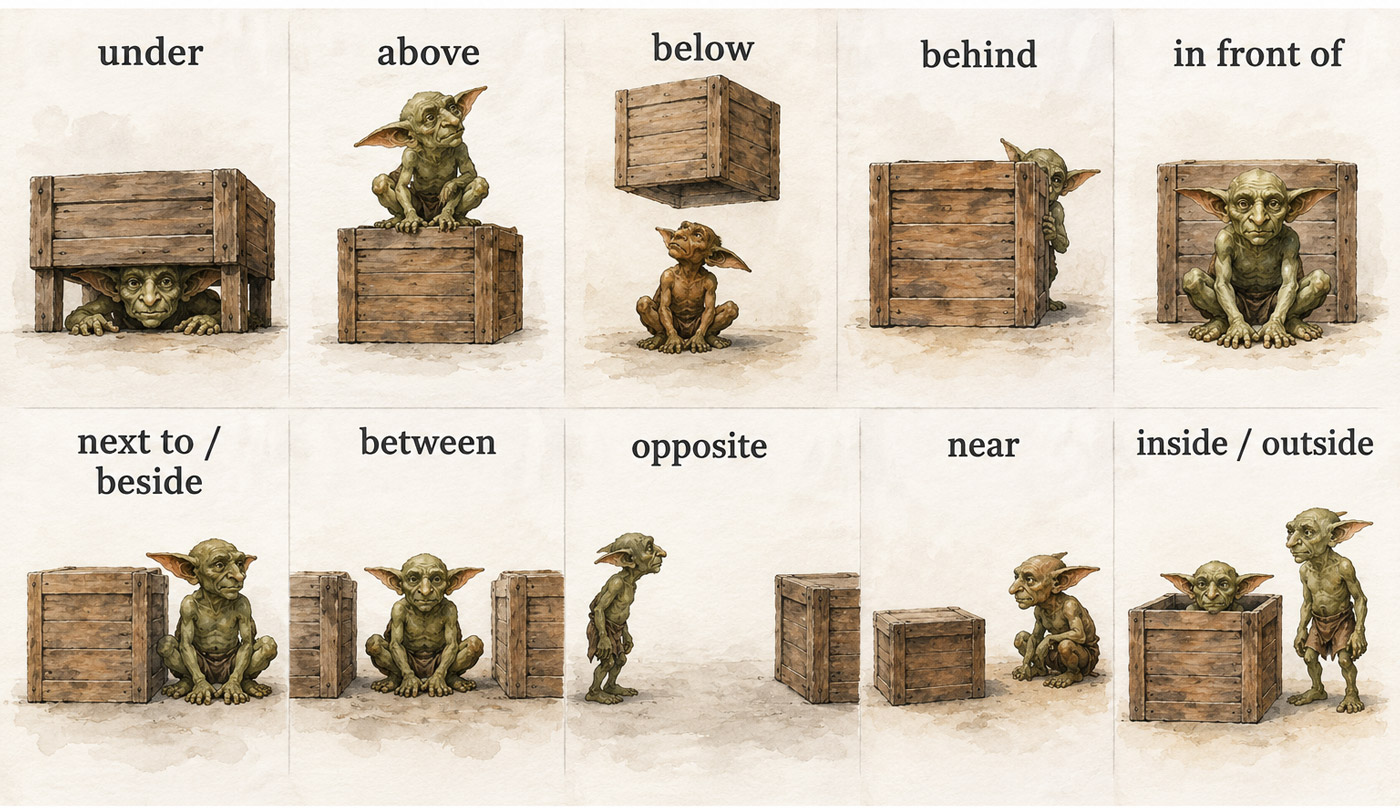 Illustration showing prepositions of place