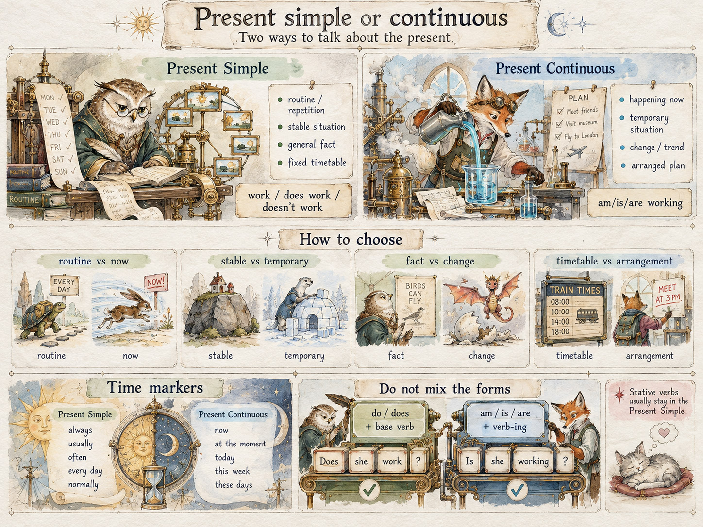 Present simple and present continuous illustration