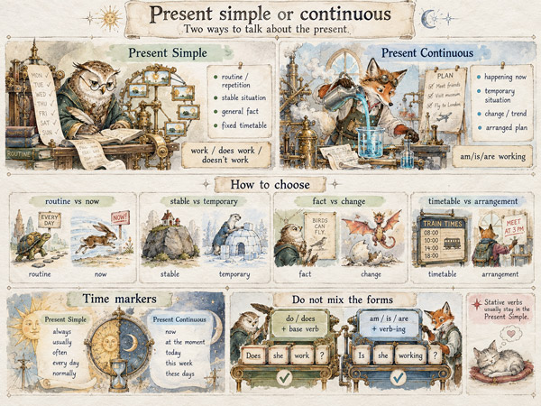 Present simple and present continuous illustration