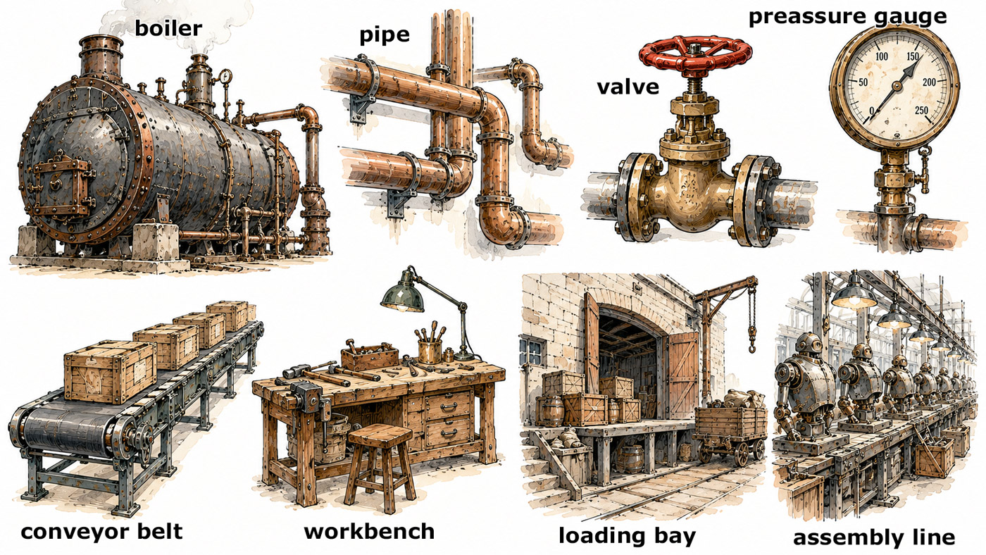 Different areas and equipment around the robot factory