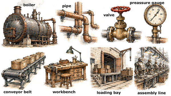 Different areas and equipment around the robot factory
