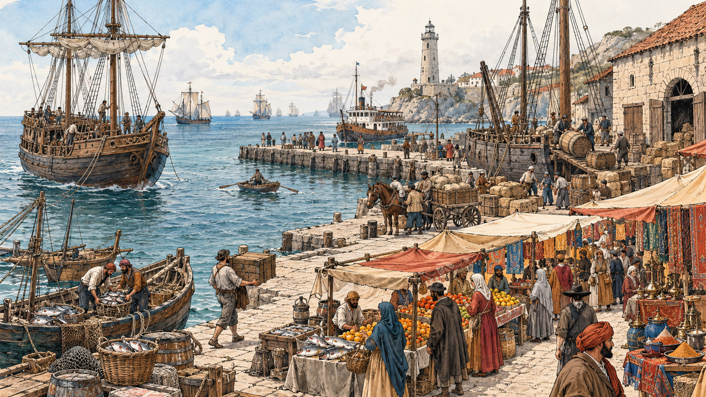 A busy harbour with ships, workers, merchants and passengers