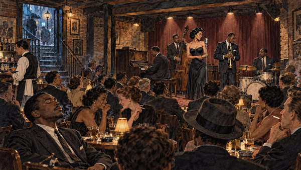A crowded jazz club in Greenwich Village on a rainy night