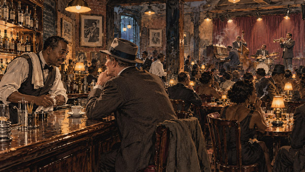 A bartender serving a regular customer in the jazz club