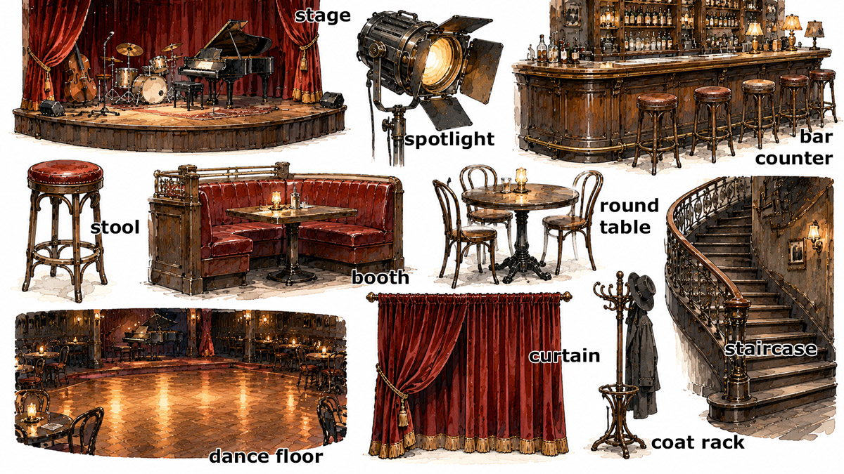 The main areas and furniture inside a jazz club