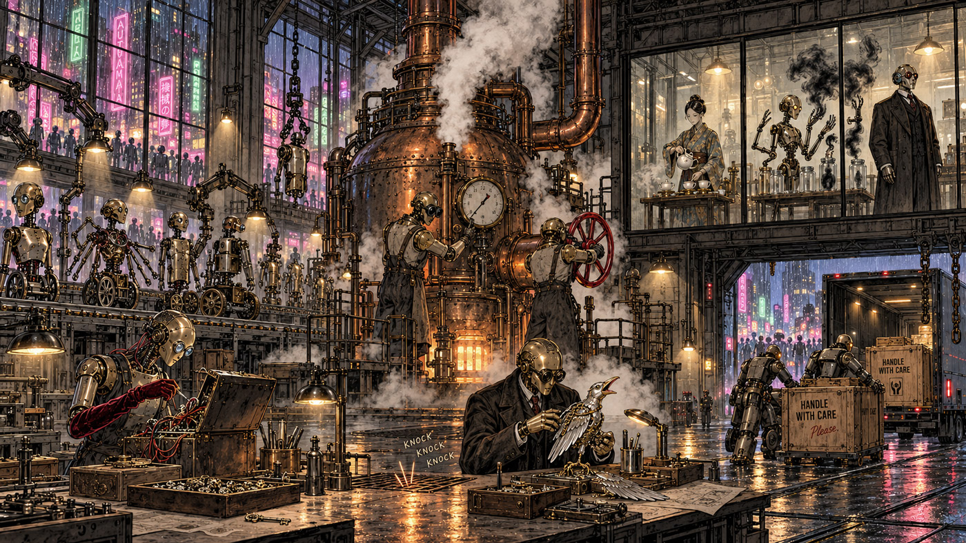 A strange robot factory at night