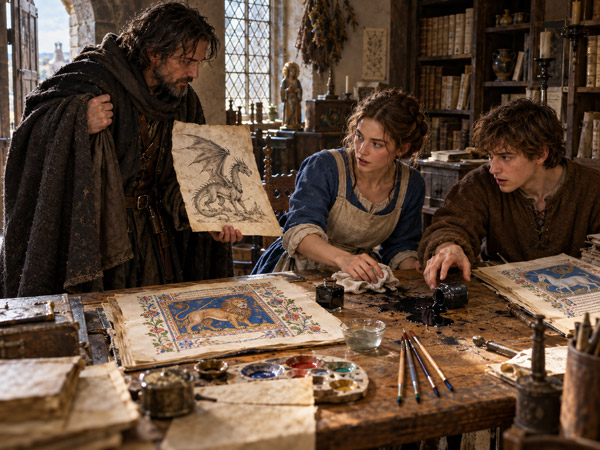 A visitor shows a dragon drawing to Ada and Tom in a medieval manuscript workshop