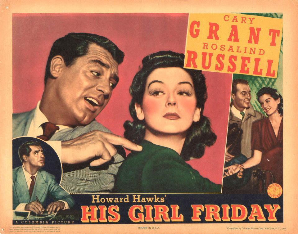Colour poster for His Girl Friday featuring Cary Grant and Rosalind Russell