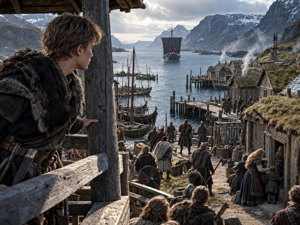 A Viking watchman looking out over the sea