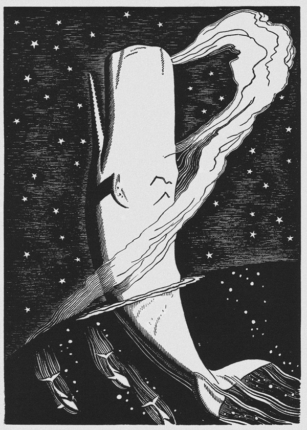 A whale rising from the sea in Rockwell Kent's illustration for Moby Dick