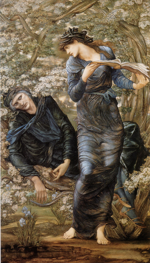 Edward Burne-Jones's The Beguiling of Merlin, showing Nimue standing over Merlin among twisting branches and white blossoms