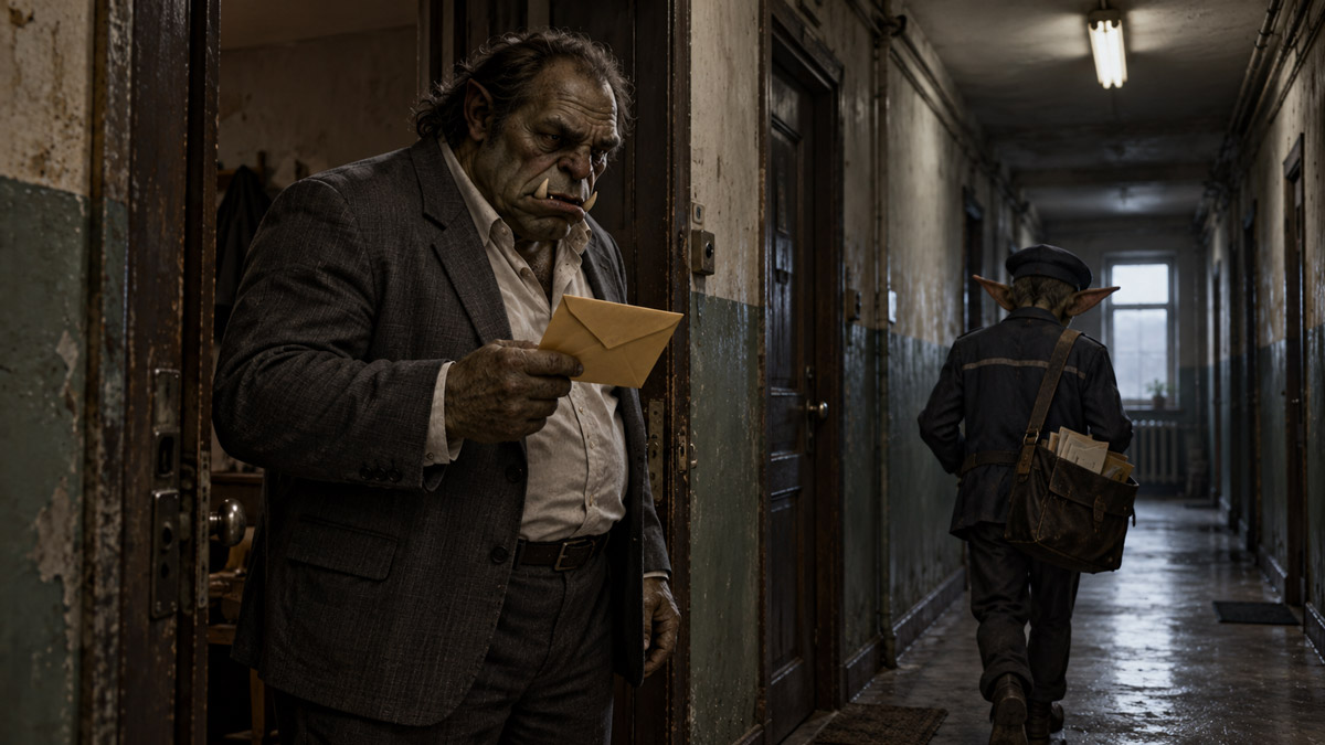 A goblin postal worker delivering a yellow envelope