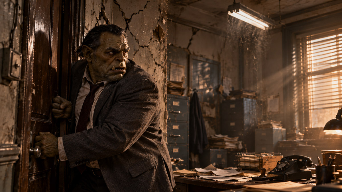A dark office beginning to crack apart