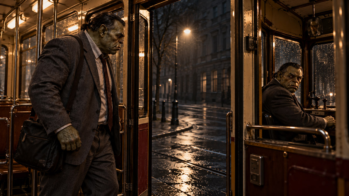 A tram waiting in darkness beside an empty street