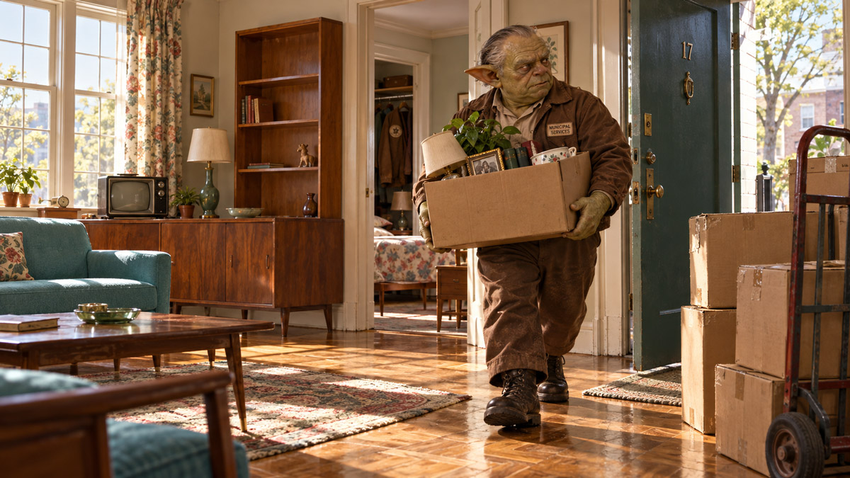 A brown municipal jacket bearing Bran's name inside the apartment wardrobe