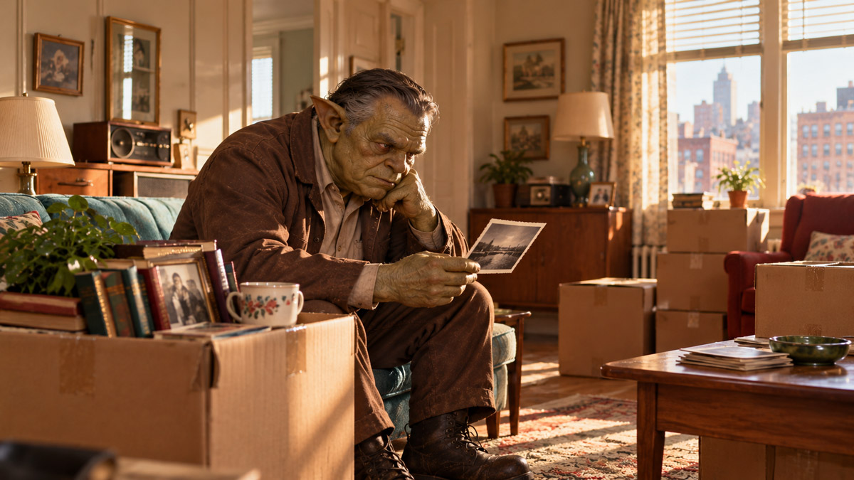 Bran examining a family photograph taken outside a seaside hotel