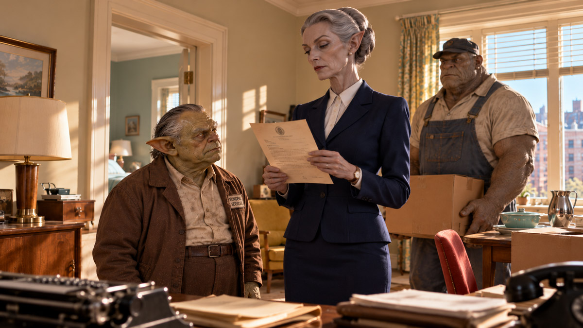 Miss Vale handing Bran a removal order for his own address