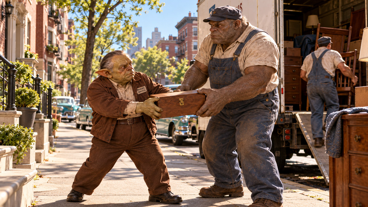 Bran reclaiming a wooden box from a troll beside a municipal removal truck