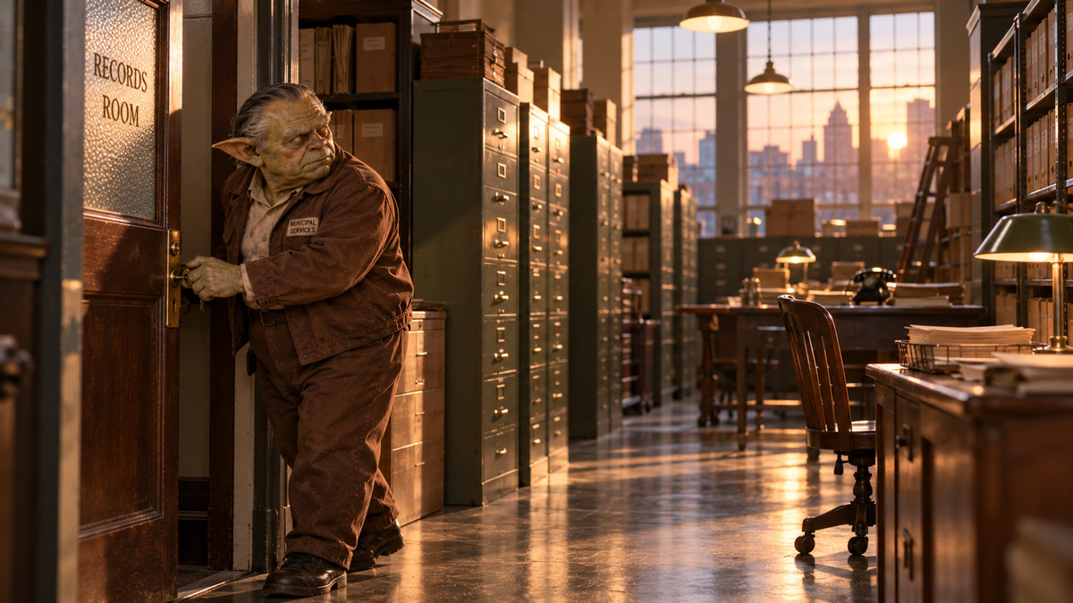 Bran opening his file among the shelves of the Department records room