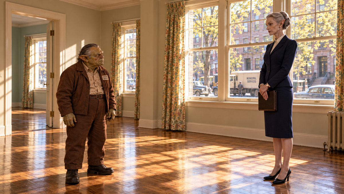 Miss Vale and Bran in an empty sunlit apartment with a removal truck waiting outside