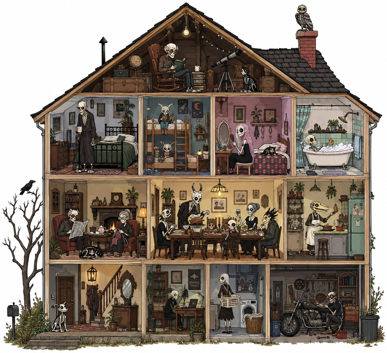 A family in different rooms of a house