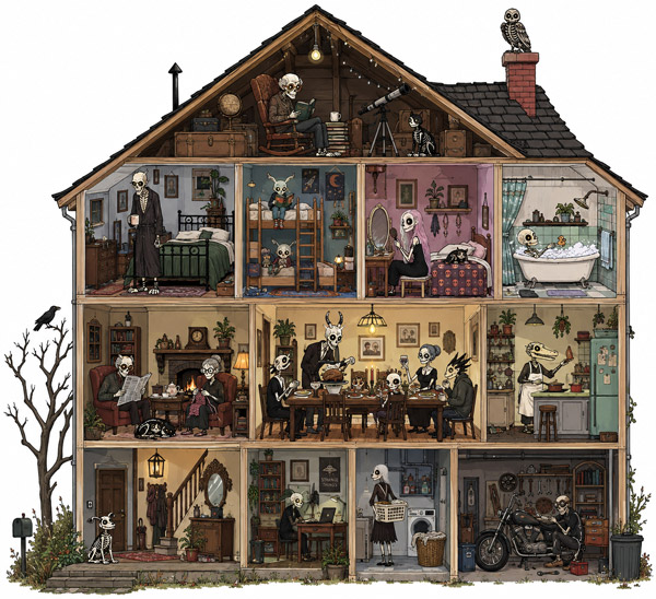 A family in different rooms of a house