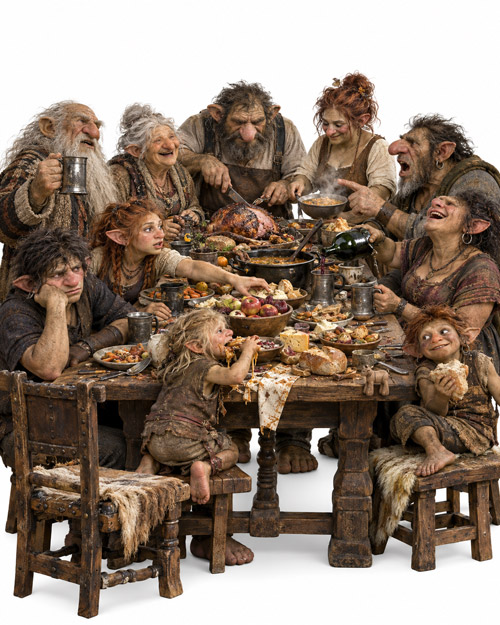 A troll family having dinner together